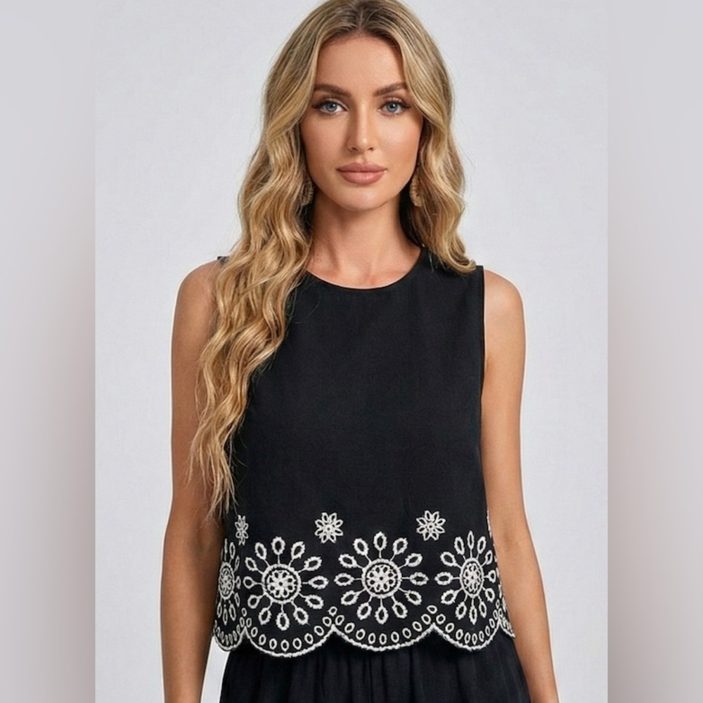 Boho Scalloped Hem Sleeveless Top & Wide Leg Pants Black - Picture 2 of 8